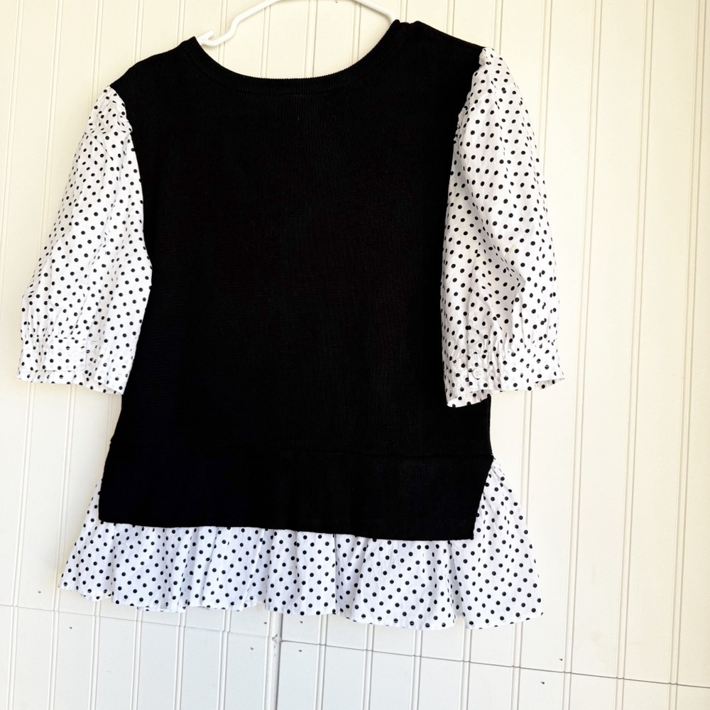 Anthropologie Size M Black and White Polka Dot Mixed Media Puff-Sleeve Sweater - Picture 7 of 7
